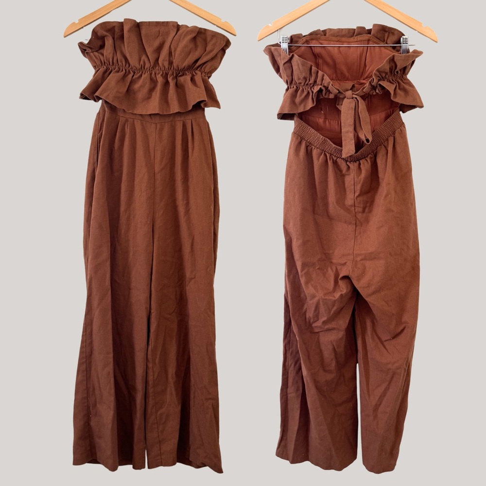 ASTR The Label Ruffle Bodice Tie Back Strapless Cotton Linen Jumpsuit Brown S - Picture 7 of 13